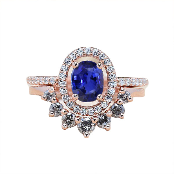Natural Earth Mined Diamond Halo Oval Engagement Ring Set Blue Sapphire 3.50 Carats Gold