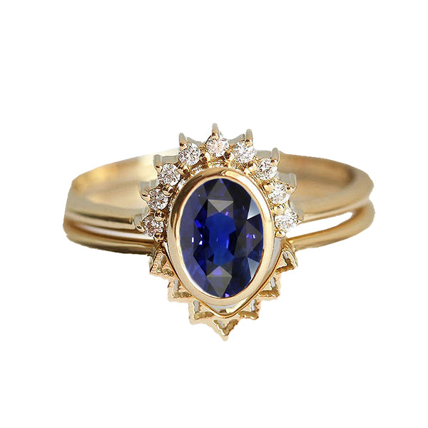 Natural Earth Mined Diamond Engagement Ring Set Bezel Set Blue Sapphire 3 Carats