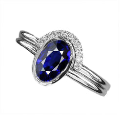 Natural Earth Mined Diamond Band & Oval Blue Sapphire Wedding Ring Set 3 Carats White Gold