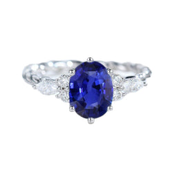 Gemstone Blue Sapphire Ring With Marquise & Round Natural Earth Mined Diamonds 4 Carats