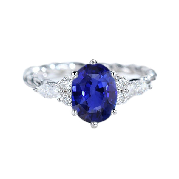 Gemstone Blue Sapphire Ring With Marquise & Round Natural Earth Mined Diamonds 4 Carats