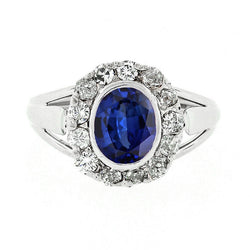 Halo Natural Earth Mined Diamond Wedding Ring Oval Ceylon Sapphire Bezel Set 4.50 Carats