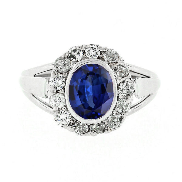 Halo Natural Earth Mined Diamond Wedding Ring Oval Ceylon Sapphire Bezel Set 4.50 Carats