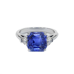 Ladies 3 Stone Ring Asscher Ceylon Sapphire & Natural Earth Mined Diamonds 4.50 Carats