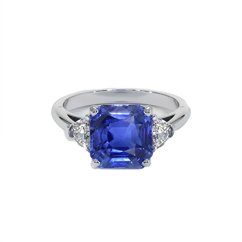 Lady’s Brilliant Engagement Ladies 3 Stone Ring Asscher Ceylon Sapphire & Diamonds 