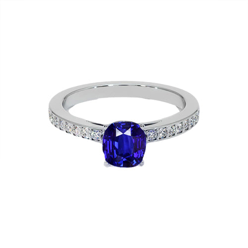 Lady’s Brilliant Engagement Gold Solitaire Blue Sapphire Ring With Round Diamond Accents