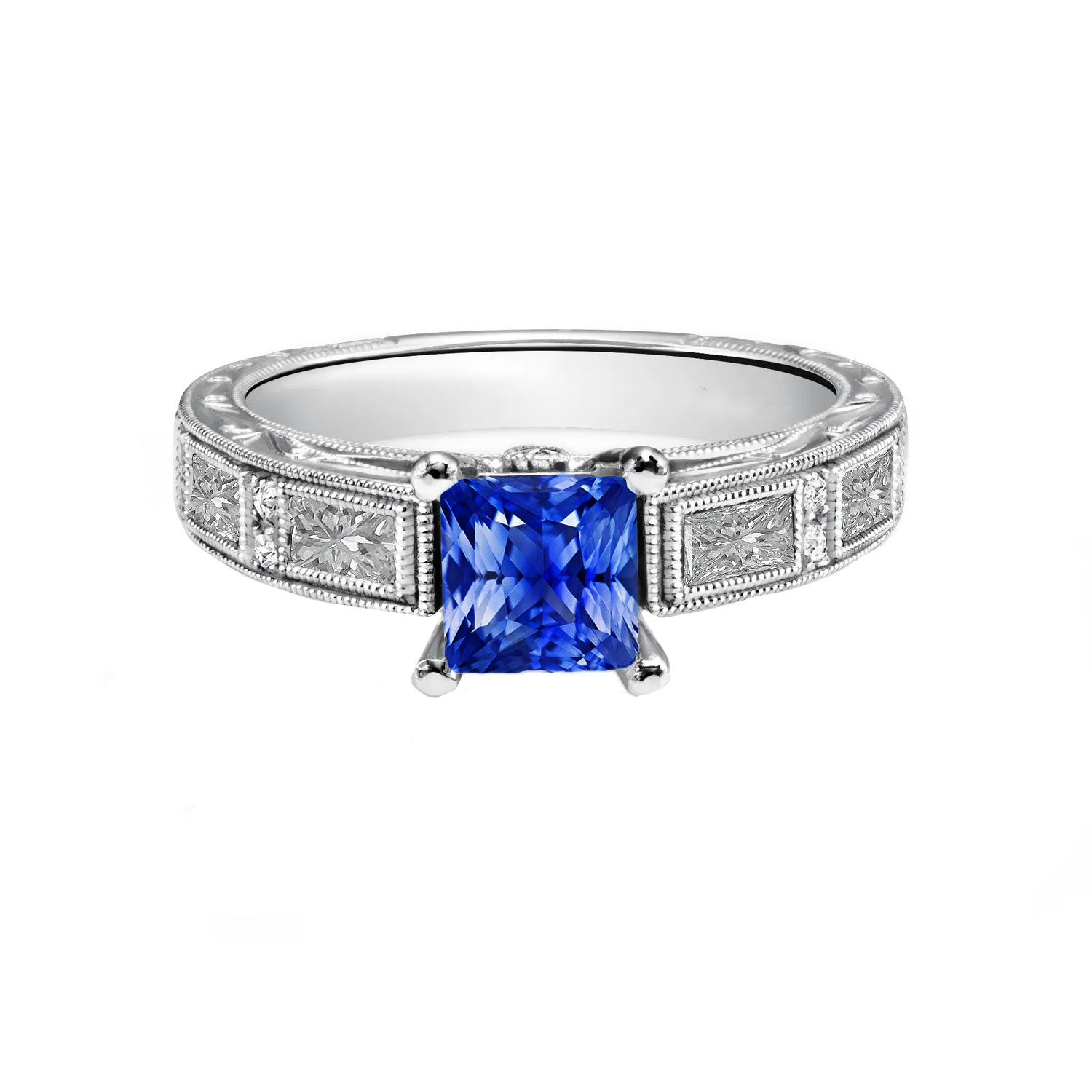 Lady’s Brilliant Engagement Vintage Style Princess Ceylon Sapphire & Diamond Ring