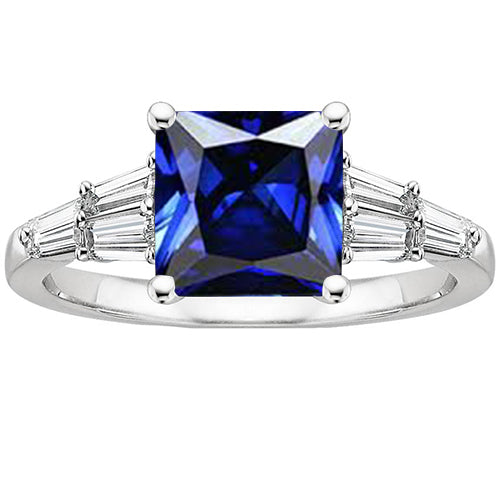 Princess  Brilliant Sparkling Cut Sapphire Ring With Tapered Baguettes