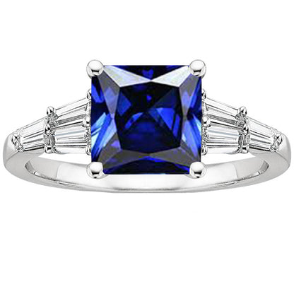 Princess  Brilliant Sparkling Cut Sapphire Ring With Tapered Baguettes