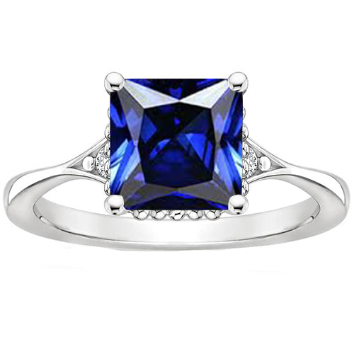 Females Brilliant Sparkling 3 Stone Diamond And Princess Cut Sri Lankan Sapphire Ring