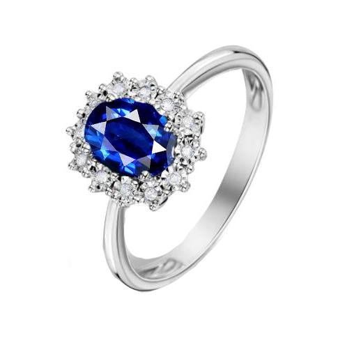Lady’s White Gold Oval Diamond Halo Engagement Ring Sri Lankan Sapphire
