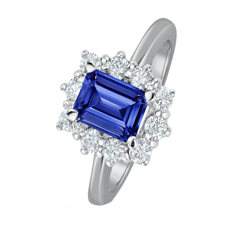 Lady’s White Gold Round Diamond Halo Ring Flower Style Emerald Blue Sapphire