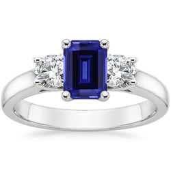 3 Stone Blue Emerald Sapphire Natural Earth Mined Diamond Ring 2.50 Carats