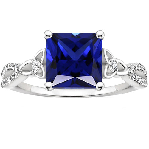Princess Cut Blue  Lady’s White Gold Sapphire Diamond Ring Gold Twisted Shank