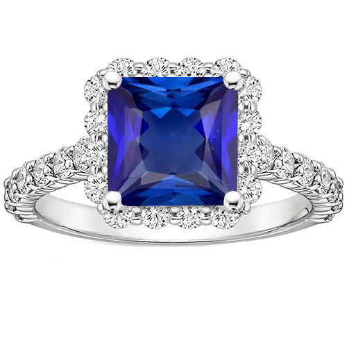 Lady’s White Gold Round Halo Diamonds & Princess Sri Lankan Sapphire Ring