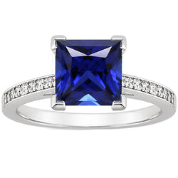 White Gold Engagement Ring Princess Blue Sapphire & Natural Earth Mined Diamond 4 Carats
