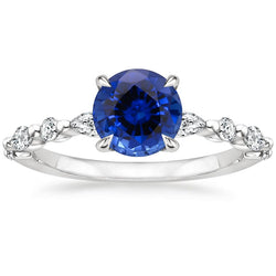 4 Carats Engagement Ring Round Ceylon Sapphire & Natural Earth Mined Diamond Marquise Gold