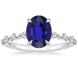 Gold Oval Blue Sapphire Natural Earth Mined Diamond Ring Marquise & Round Cut 6 Carats New