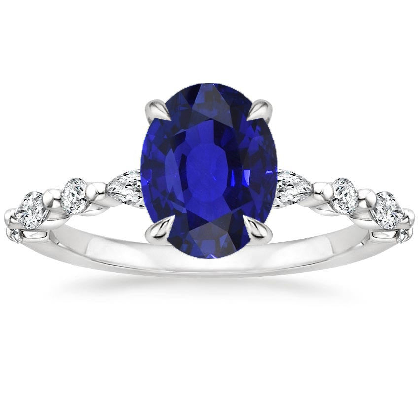 New High Quality Wedding Gold Oval Blue Sapphire Diamond Ring Marquise & Round 