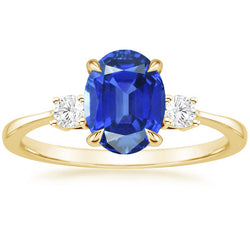 Three Stone Oval Blue Sapphire & Round Diamond Ring Gold 5.50 Carats