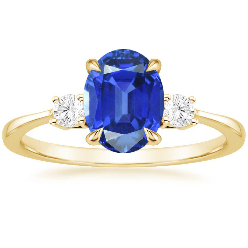 Yellow Stylish Three Stone Oval Blue Sapphire & Round Diamond Ring Gold