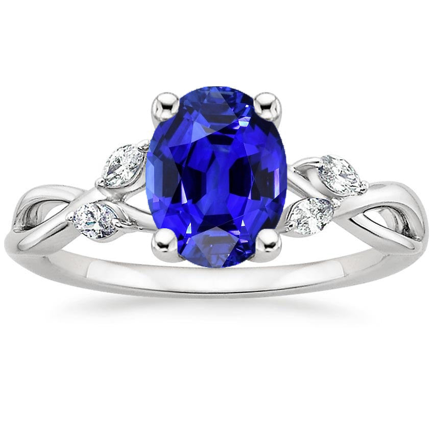 Best Quality Ladies Anniversary Ring Oval Blue Sapphire & Marquise Diamond 
