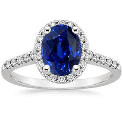 Round Halo Natural Earth Mined Diamond Engagement Ring Oval Ceylon Sapphire 6 Carats Gold