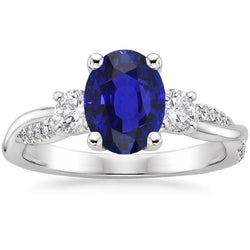 White Gold Natural Earth Mined Diamond Ring Oval Blue Sapphire 3 Stone Style 6.50 Carats