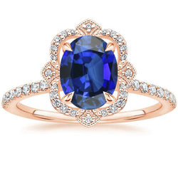 Antique Style Halo Natural Earth Mined Diamond Ring Flower Style Blue Sapphire 6.20 Carats