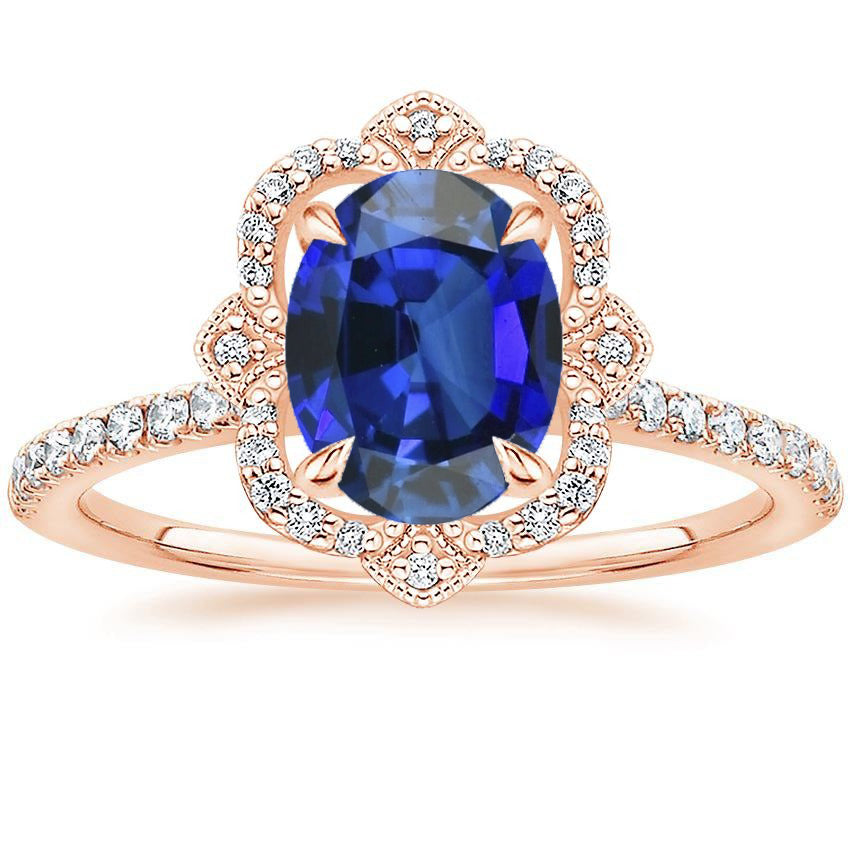 Sparkling Stylish Antique Style Halo Diamond Ring Flower Style Blue Sapphire 