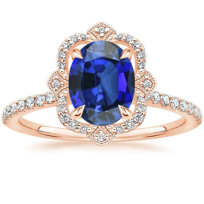 Sparkling Stylish Antique Style Halo Diamond Ring Flower Style Blue Sapphire 