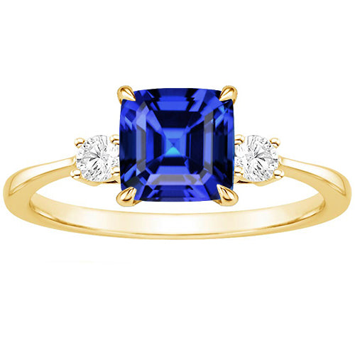 New Fancy Stylish Yellow Gold Round Diamond & Cushion Blue Sapphire Ring
