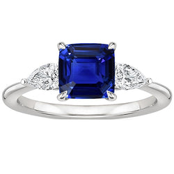 Women 3 Stone Ring Pear Natural Earth Mined Diamond & Cushion Ceylon Sapphire 2.75 Carats