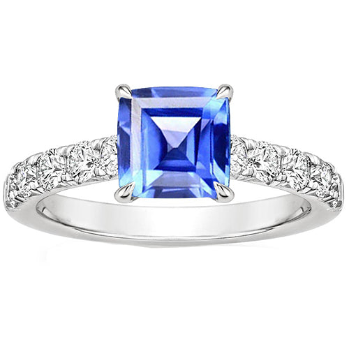 Best Quality FAncy Gold Women Engagement Ring Prong Set Asscher Blue Sapphire