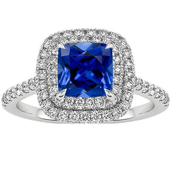 Double Halo Natural Earth Mined Diamond Ring Cushion Ceylon Sapphire Accents 3.25 Carats