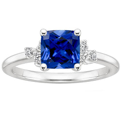 Cushion Blue Sapphire & Natural Earth Mined Diamond Engagement Ring 2.50 Carats White Gold