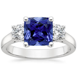Cushion Ceylon Sapphire Natural Earth Mined Diamond 3 Stone Ring 3.25 Carats