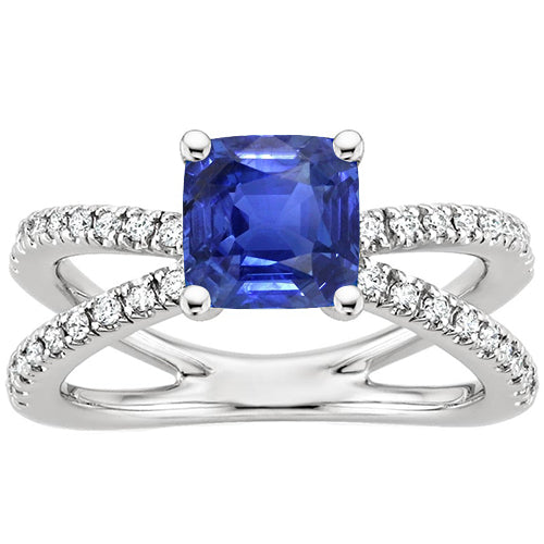 Gold Solitaire Blue Sapphire & Accents Ring Split Shank