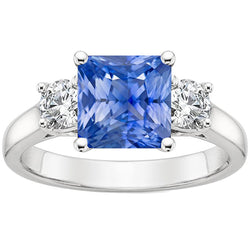 4 Carats Blue Ceylon Sapphire & Round Natural Earth Mined Diamond 3 Stone Ring Gold 14K