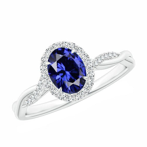 Brilliant Sparkling White Diamond Halo Ring Natural Blue Sapphire Twisted Shank