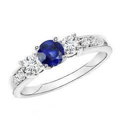 Gold Natural Earth Mined Diamond Anniversary Ring Round Ceylon Sapphire & 2 Carats