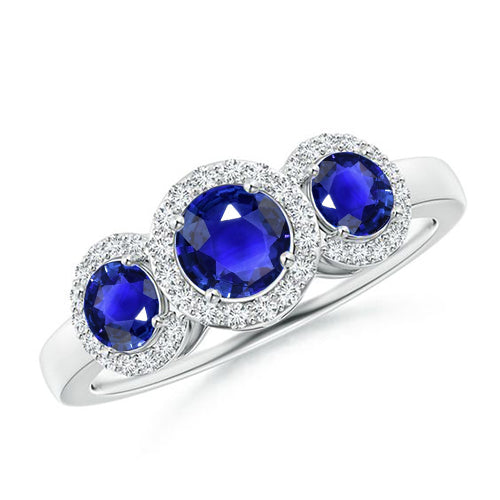 New Stylish Halo Diamond 3 Stone Style Ceylon Sapphire Ring   White Gold