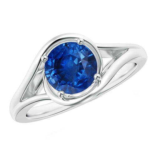 ladies Solitaire Round Blue Sapphire Ring Prong Set Split Shank Gold