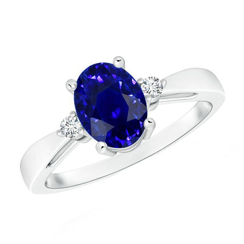 3 Stone Ring Oval Blue Sapphire & Diamond  Ladies Stylish  Tapered Shank  
