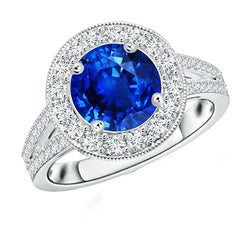 Natural Earth Mined Diamond Halo Ring Antique Style Prong Round Blue Sapphire 2.50 Carats