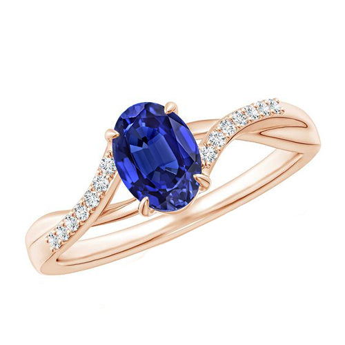Womans Stylish Rose Gold Diamond Ring Oval Prong Set Ceylon Sapphire