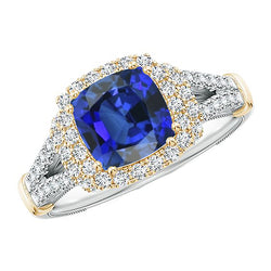 Women Two Tone Natural Earth Mined Diamond Ring Cushion Blue Sapphire Gold 14K 3.25 Carats