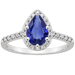 White Gold Natural Earth Mined Diamond Halo Gemstone Ring 6 Carats Pear Cut Blue Sapphire