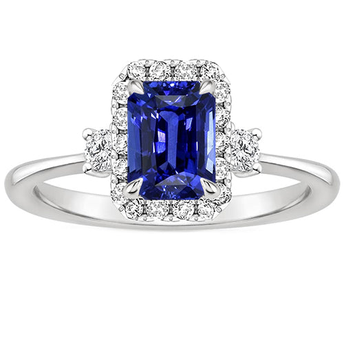 New Stylish Halo Ring 3 Stones Radiant Blue Sapphire & Diamond