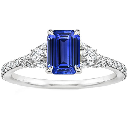 New Sylish Solitaire Accents Ring 3 Stone Blue Sapphire & Diamond